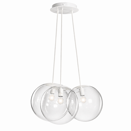 s.luce Orb Cluster Glas-Pendelleuchte 3-flammig 3x30cm mit drei transparenten Glaskugeln auf weißem Baldachin.