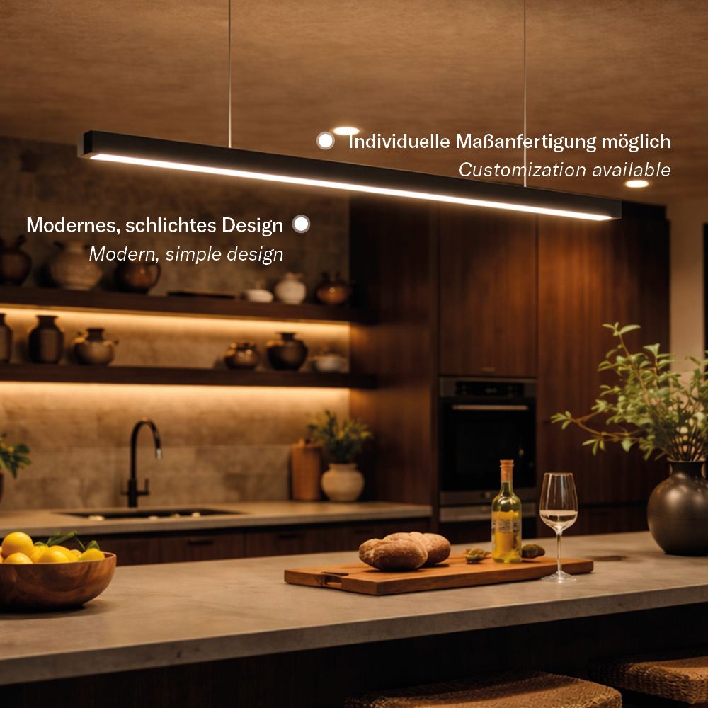 s.luce Oris LED-Linienleuchte Büro-Pendellampe XL nach Maß 4000K in modernem, schlichten Design in gemütlicher Umgebung.