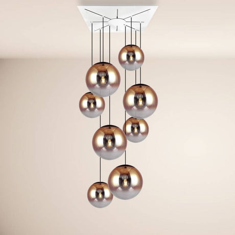 s.luce Progress XL Galerieleuchte 8-flammig mit Modular Baldachin - elegante Glaskugeln in sanften Farben.