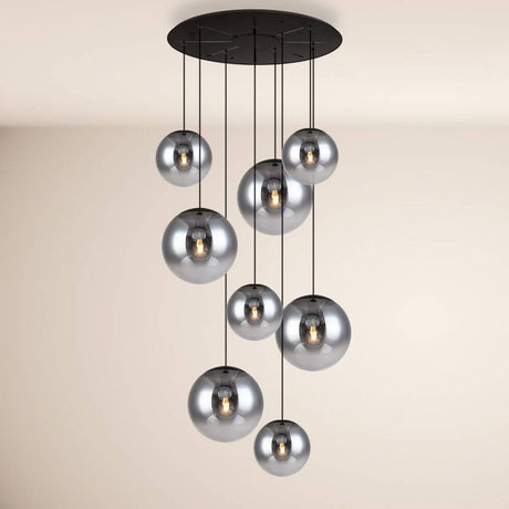s.luce Progress XL Galerieleuchte 8-flammig mit Modular Baldachin mit eleganten Glaskugeln an schwarzer Aufhängung.