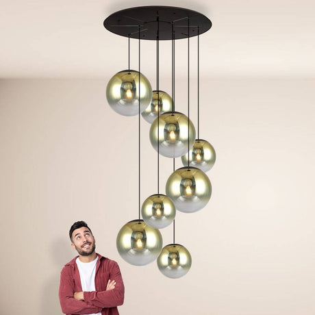 s.luce Progress XL Galerieleuchte 8-flammig mit Modular Baldachin, elegante Glaskugeln in sanften Farben.