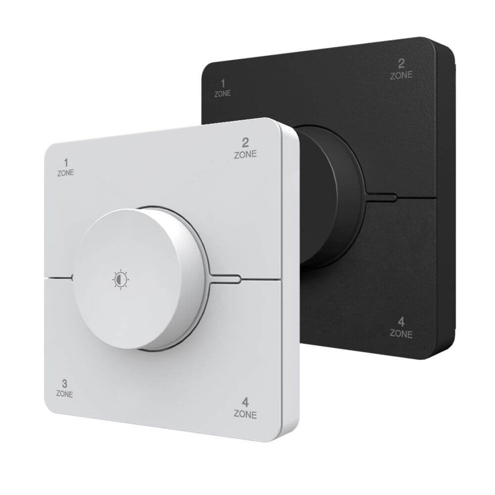 s.luce Smart-Dim 4-Zonen Wand- & Fernbedienung weiß und schwarz mit zentralem Drehregler zur stufenlosen Lichtsteuerung