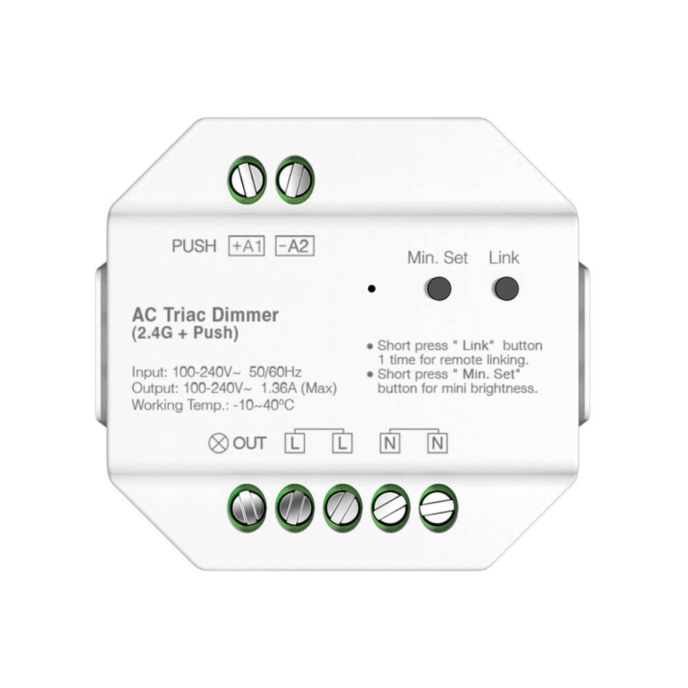 s.luce Smart-Dim Triac Funk-Controller 230V mit Push-Dimmer, weißes kompaktes Phasenabschnitts-Dimmer-Modul für Nachrüstung