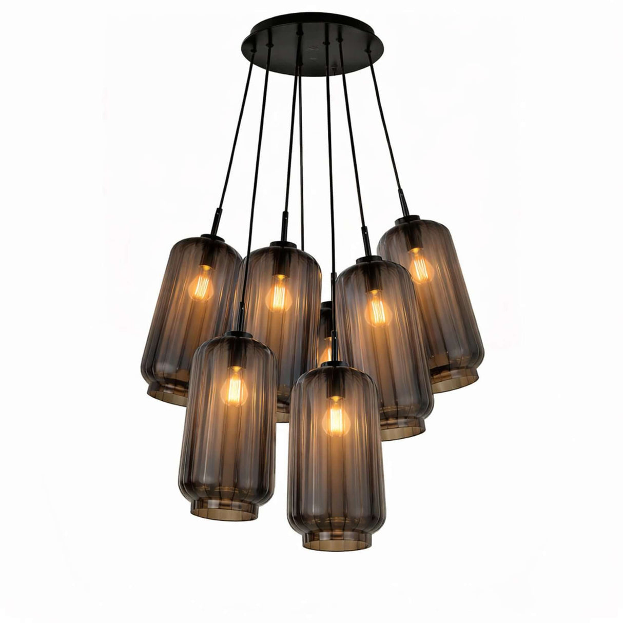 s.luce Velo Cluster Glas-Hängeleuchte 7-flammig 7x18cm mit eleganten Glasleuchten in traubenförmiger Anordnung.
