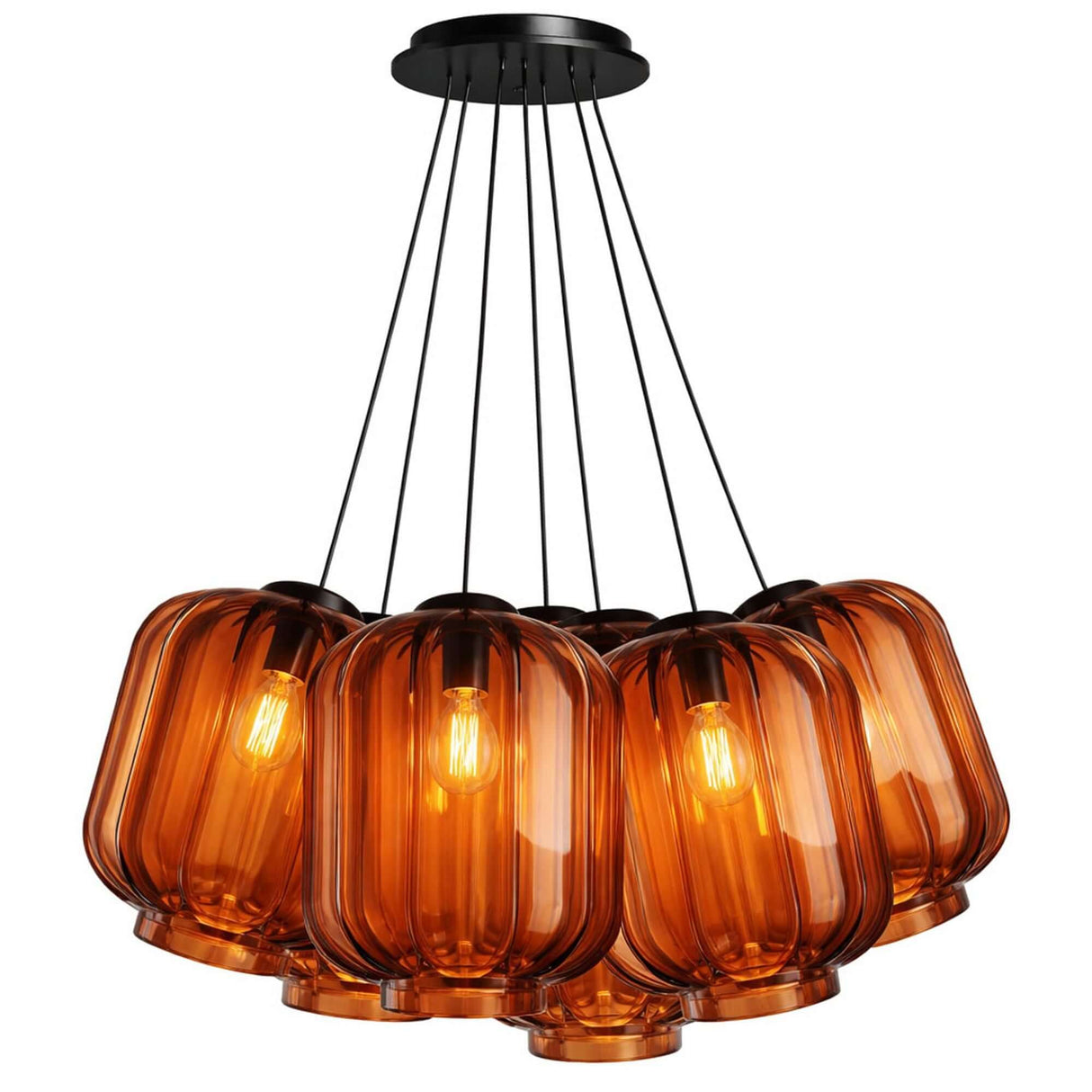 s.luce Velo Cluster Glas-Pendelleuchte 7-flammig 7x25cm mit großen, amberfarbenen Glasleuchten im Raum.