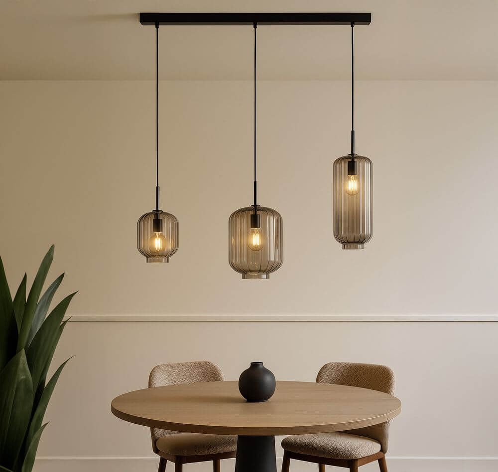 s.luce Velo 3-flammige Pendelleuchte über Esstisch mit modernem Design und flexibler Glaslampe.