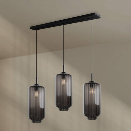 s.luce Velo Esstisch-Pendelleuchte 3-flammig 120cm Ø 18cm, elegante schwarze Pendelleuchte mit drei Glasleuchten.