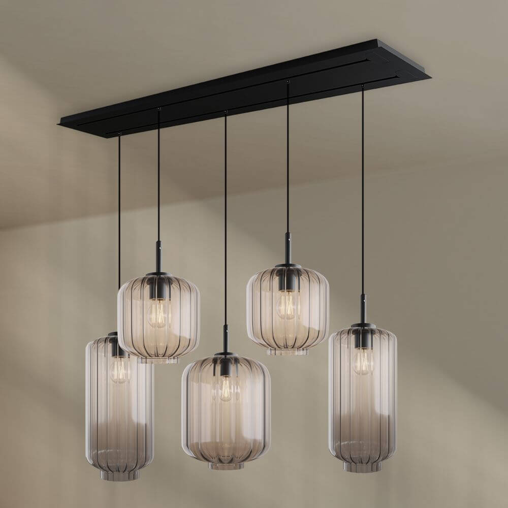 s.luce Velo Esszimmerlampe 5-flammig 2-reihig 160cm Ø 18/20/25cm mit eleganten Lampenschirmen.