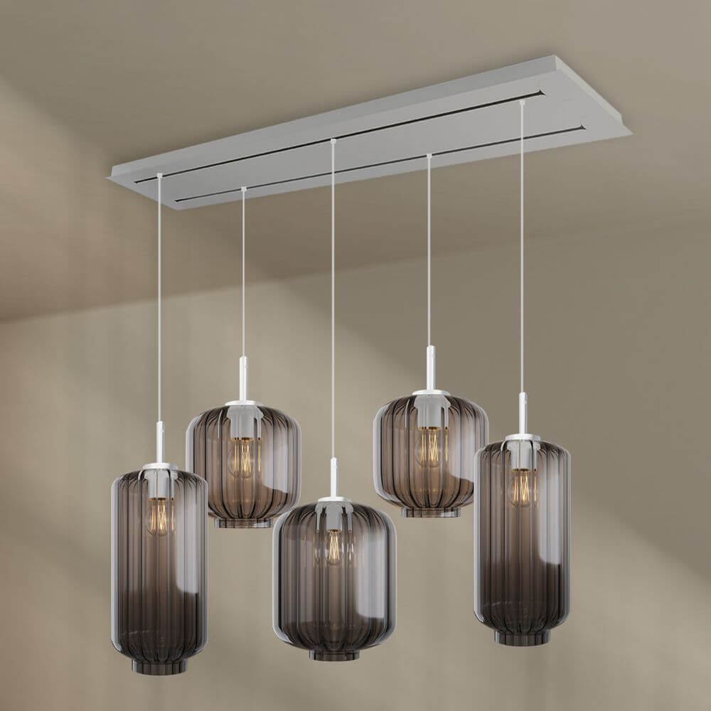 s.luce Velo Esszimmerlampe 5-flammig 2-reihig 160cm Ø 18/20/25cm mit fünf eleganten hängenden Lampenschirmen