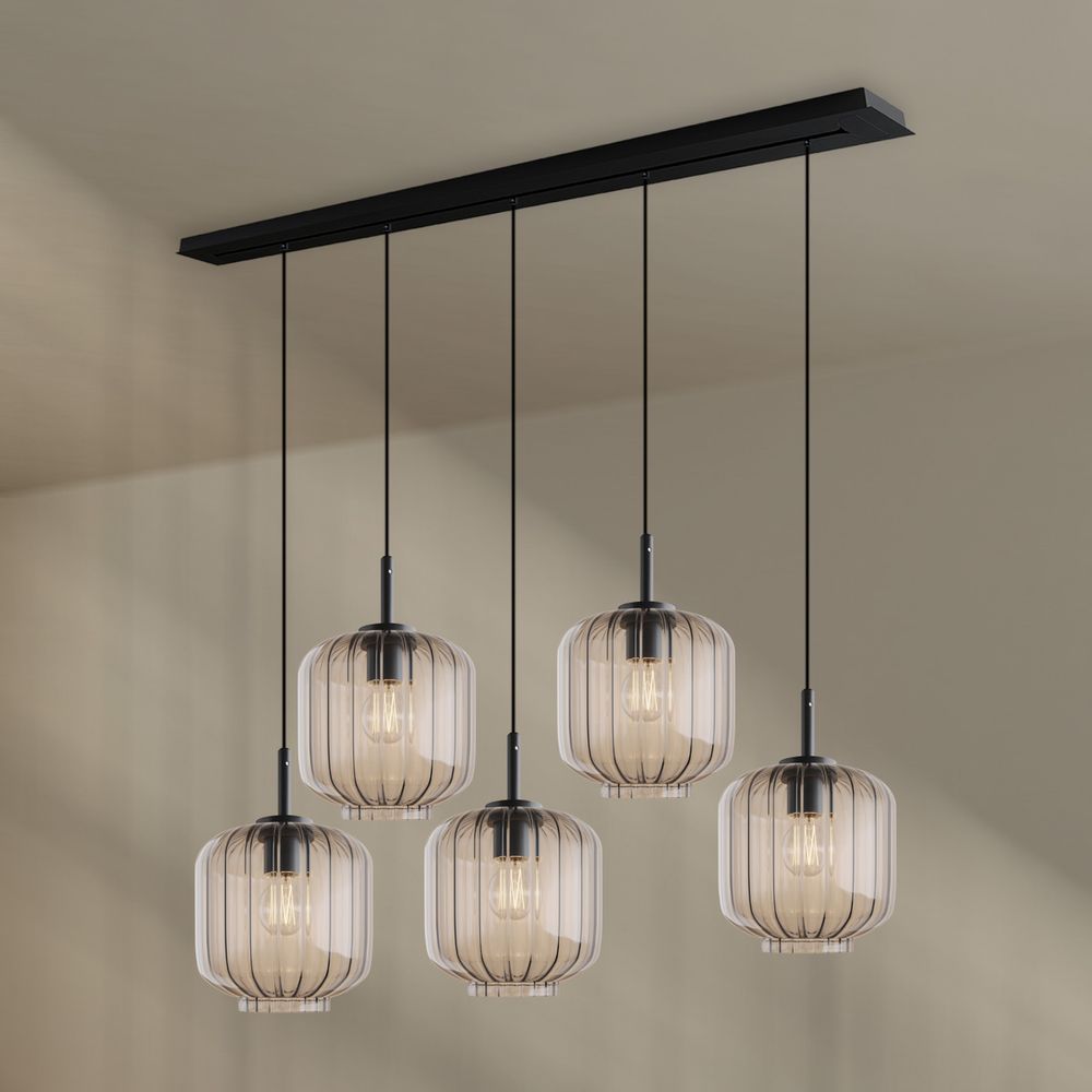 s.luce Velo Esstischlampe 5-flammig 160cm Baldachin Ø 20cm mit Glas-Pendelleuchten für stilvolle Essbereiche