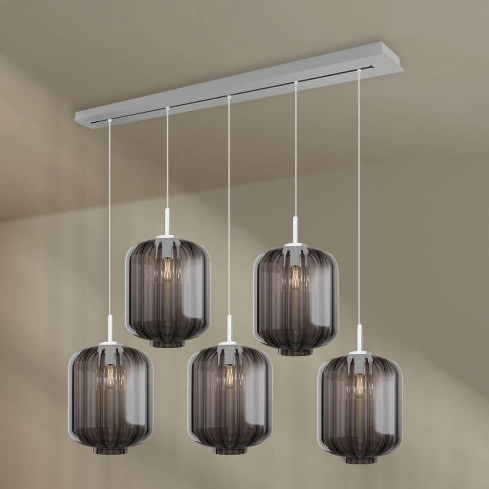 s.luce Velo Esszimmerleuchte 5-flammig Baldachin 160cm Ø 25cm mit eleganten Glasleuchten über Esstisch