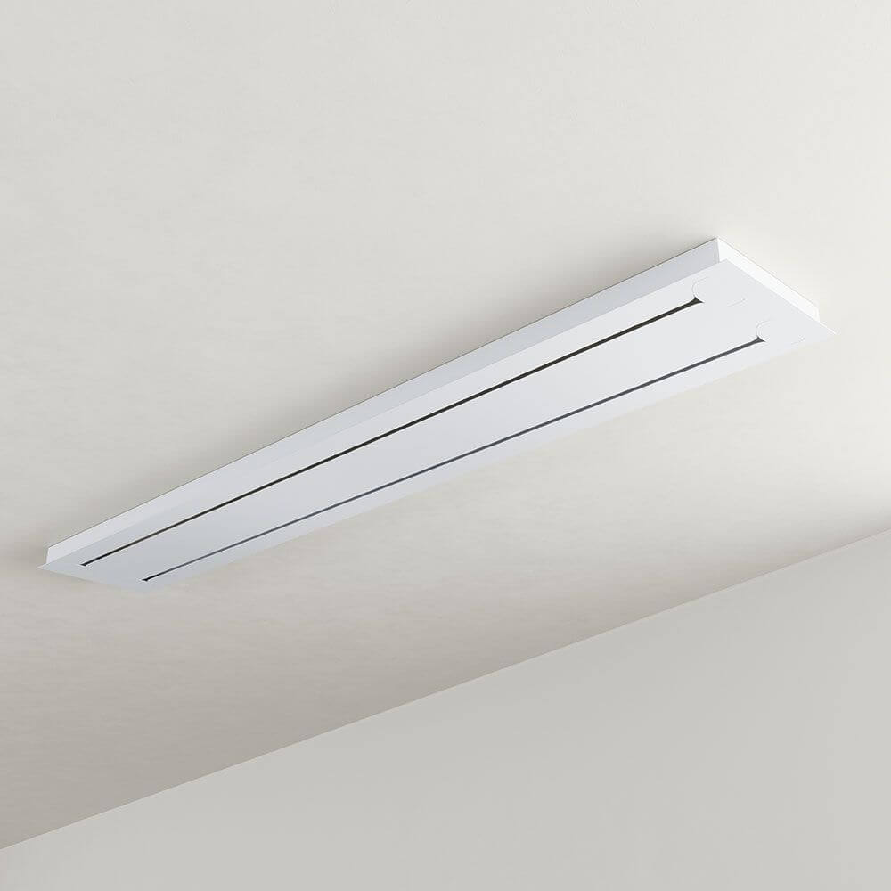 Moderne weiße Deckenleuchte mit schlankem Design und doppelter Lichtquelle für stilvolle Raumbeleuchtung.