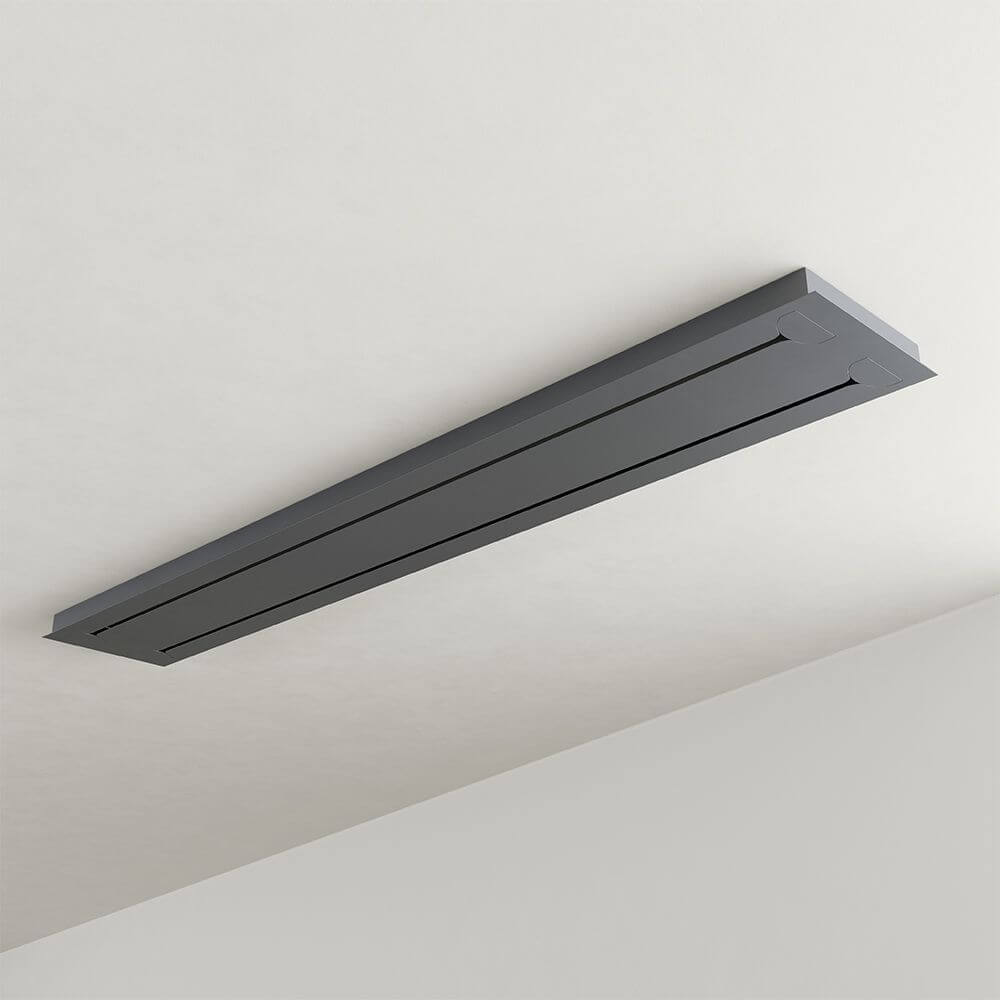 Moderne s.luce Velo Esstischlampe mit schlankem Metallbaldachin in Grau, geeignet für große Esstische.