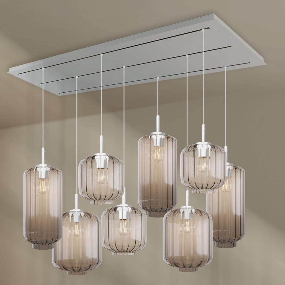 s.luce Velo Esstischleuchte 8-flammig 200cm 3-reihig Ø 18/20/25cm mit eleganten Glaskörpern in verschiedenen Größen.
