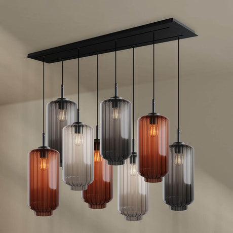 s.luce Velo Esstischlampe 8-flammig 160cm 2-reihig Ø 18cm mit schmalem Metallbaldachin und bunten Glaskörpern.