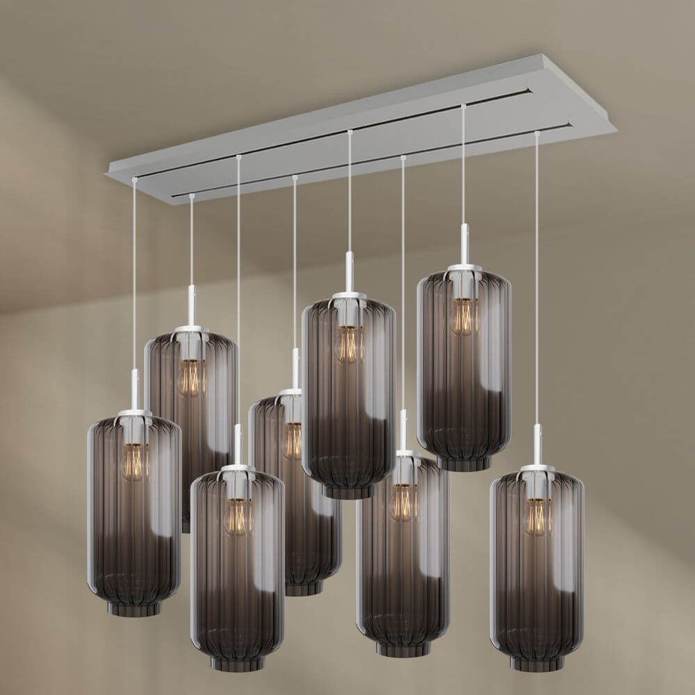 s.luce Velo Esstischlampe 8-flammig mit 160 cm Baldachin in modernem Design und eleganten Glaskörpern.