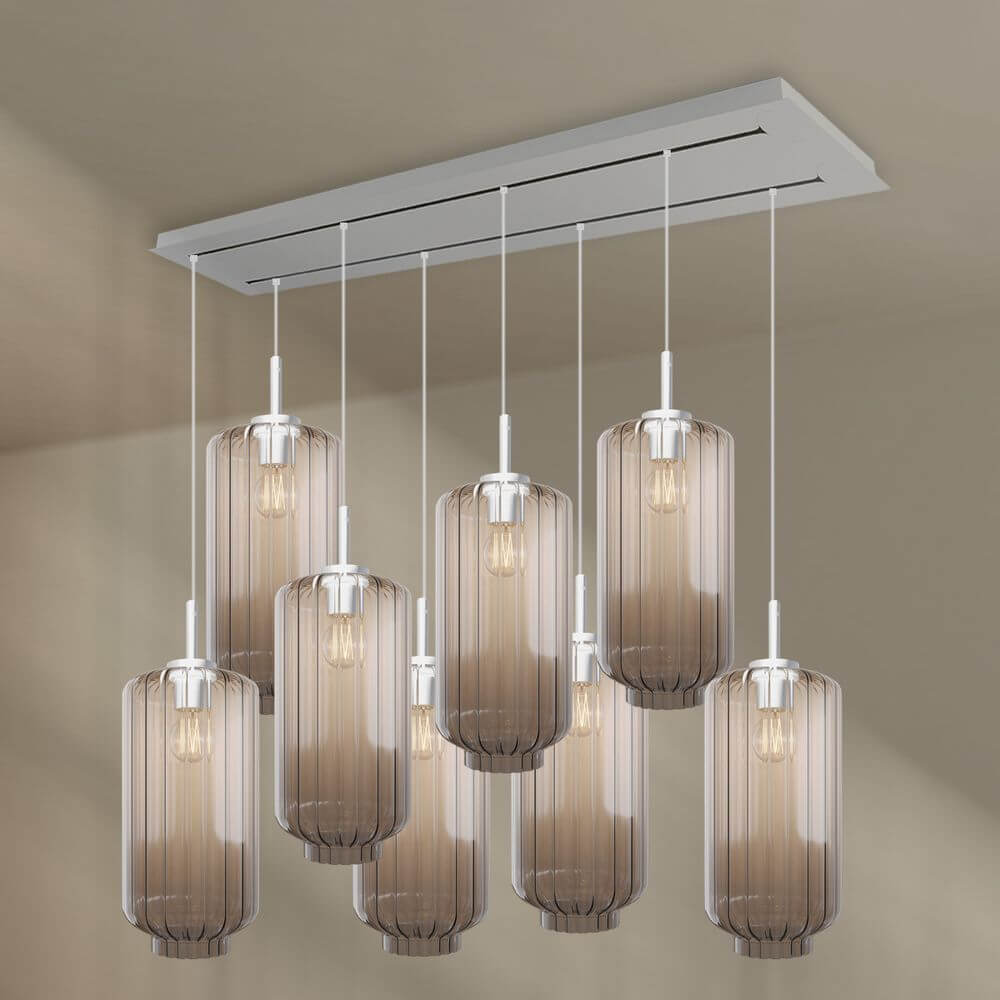 s.luce Velo 8-flammige Esstischlampe mit 160 cm Metallbaldachin und transparenten Glaskörpern