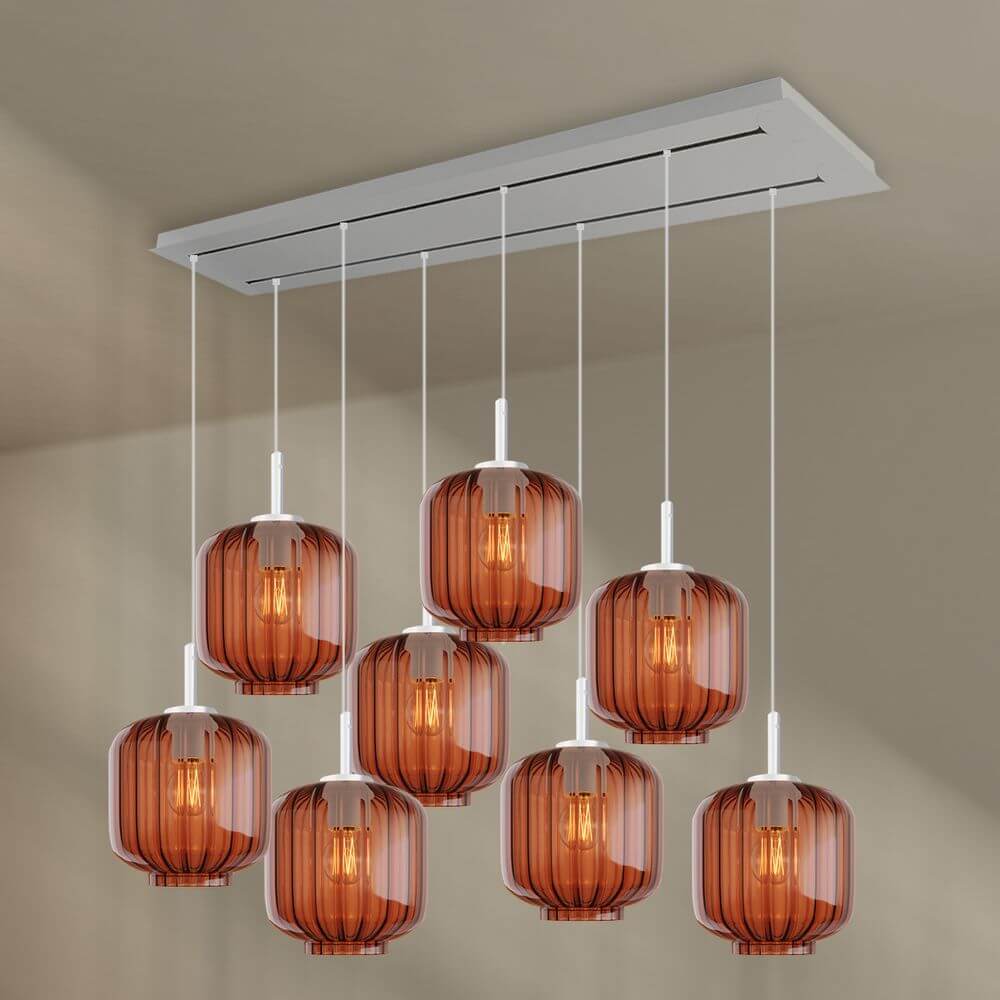 s.luce Velo Esszimmerlampe 8-flammig 160cm 2-reihig Ø 20cm chandelier with amber glass shades.
