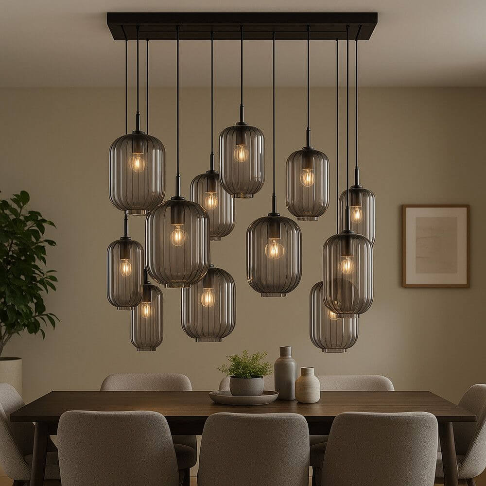 s.luce Velo Esszimmerlampe 12-flammig 200cm 3-reihig Ø 18/20/25cm über einem modernen Esstisch.