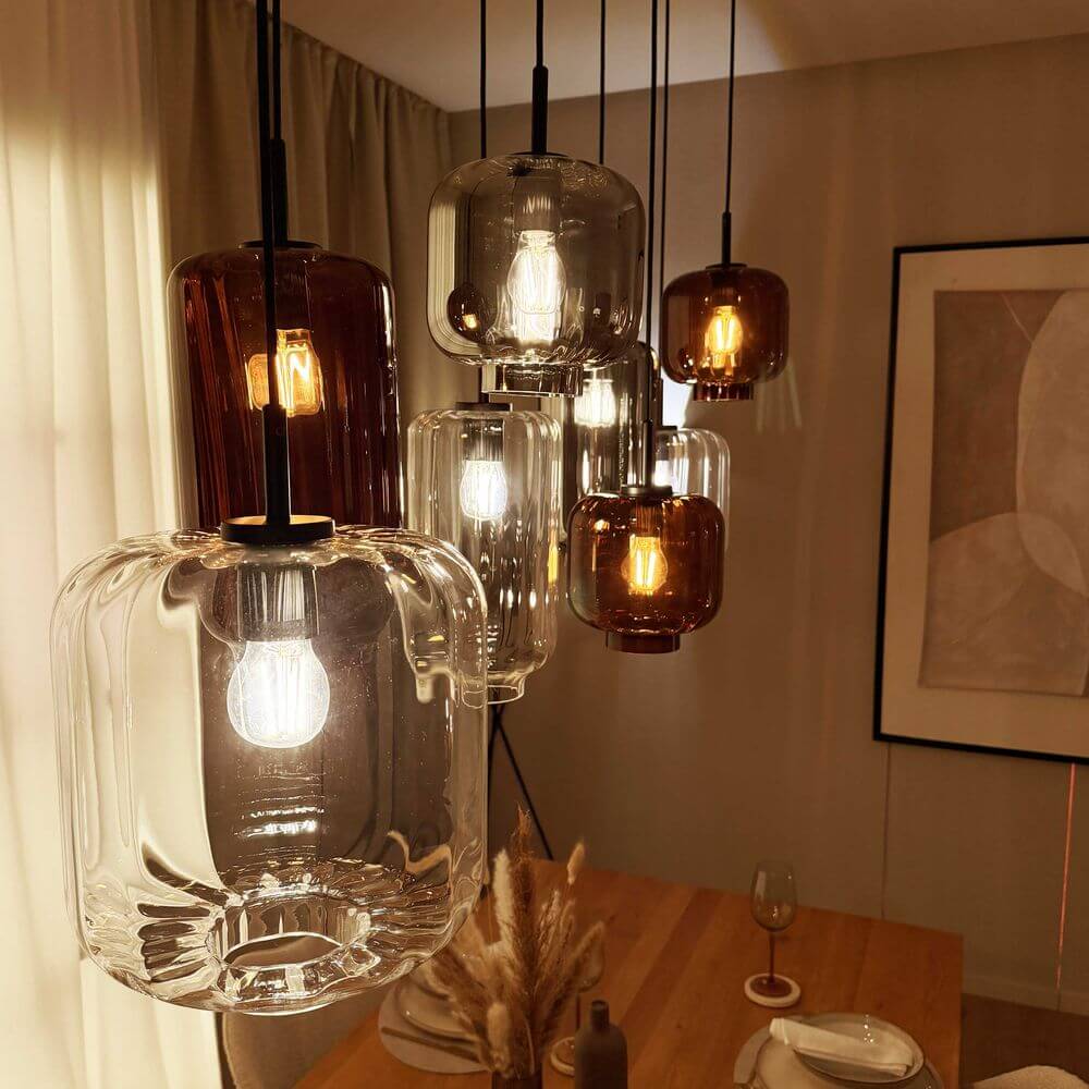 s.luce Velo Esszimmerlampe 12-flammig 200cm 3-reihig Ø 18/20/25cm in stilvollem Esszimmer