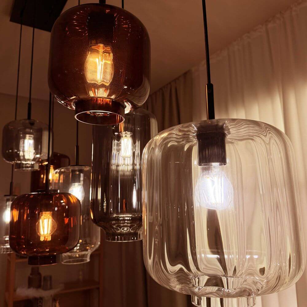 s.luce Velo Esszimmerlampe 12-flammig 200cm 3-reihig Ø 18/20/25cm mit eleganten Pendelleuchten aus Glas