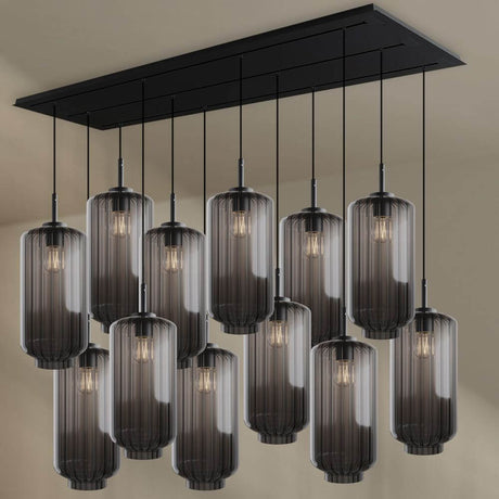 s.luce Velo Esszimmerleuchte 12-flammig 200cm 3-reihig Ø 18cm in stilvollem Design mit Glas-Pendelleuchten.