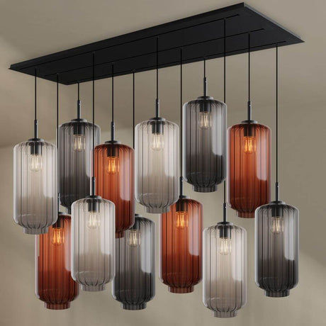 s.luce Velo Esszimmerleuchte 12-flammig 200cm 3-reihig Ø 18cm mit eleganten Glaspendelleuchten.