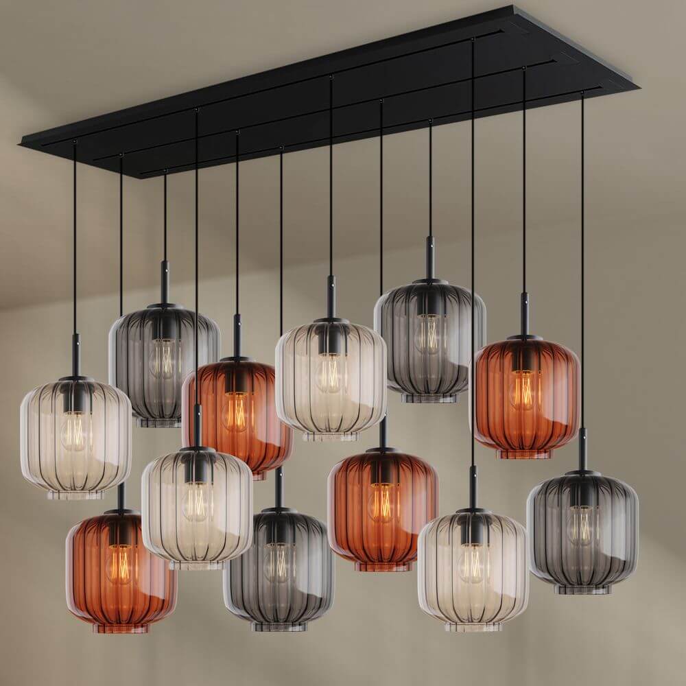 s.luce Velo Esstischlampe 12-flammig 200cm 3-reihig Ø 20cm mit Pendelleuchten aus Glas.