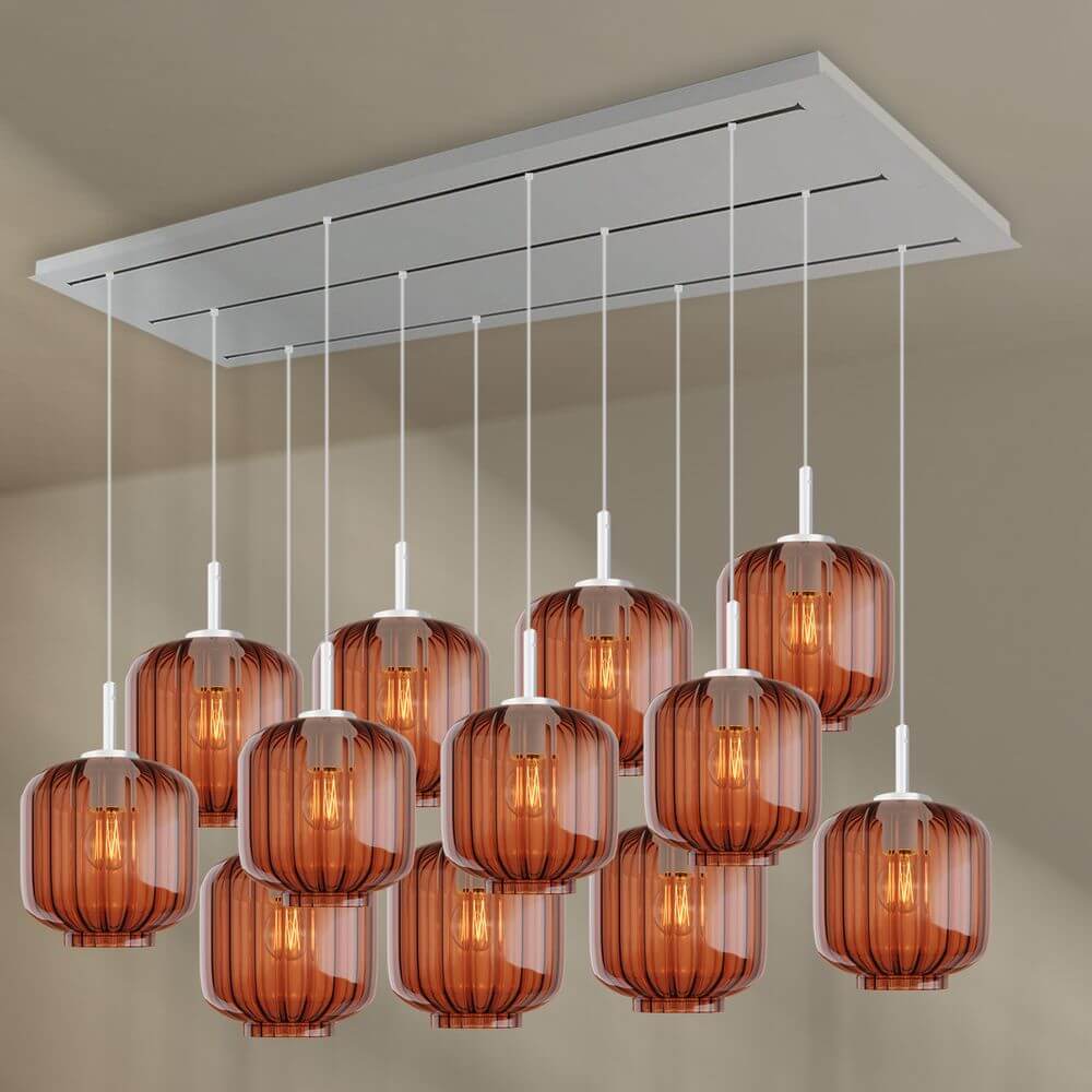 s.luce Velo Esstischlampe 12-flammig 200cm 3-reihig Ø 20cm mit eleganten Pendelleuchten aus Glas.