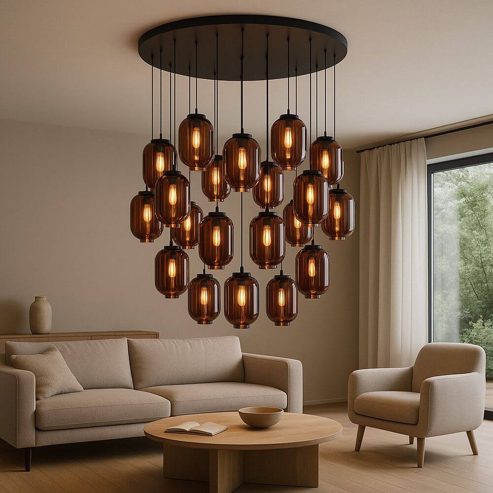 s.luce Velo Galerie-Pendelleuchte 20-flammig Ø 120cm Ø 18cm in modernem Wohnzimmer mit eleganter Lichtverteilung.