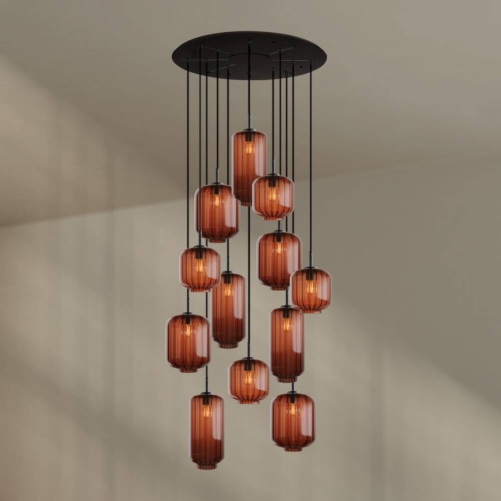 s.luce Velo 12-flammige Galerieleuchte mit mundgeblasenen Glas-Pendelleuchten in edlen Farben
