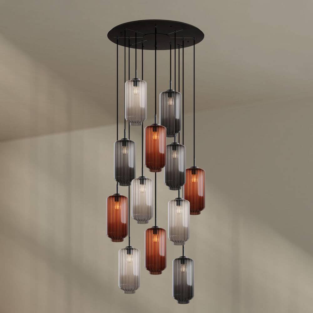 s.luce Velo 12-flammige Galerieleuchte mit mundgeblasenen Glaspendelleuchten in edlen Farben.