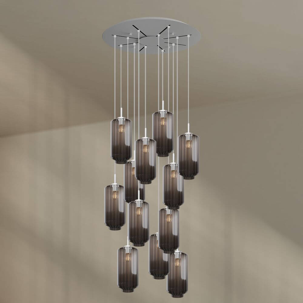 s.luce Velo Galerieleuchte 12-flammig Ø 80cm Baldachin Ø 18cm mit eleganten Pendelleuchten in edlen Farben.
