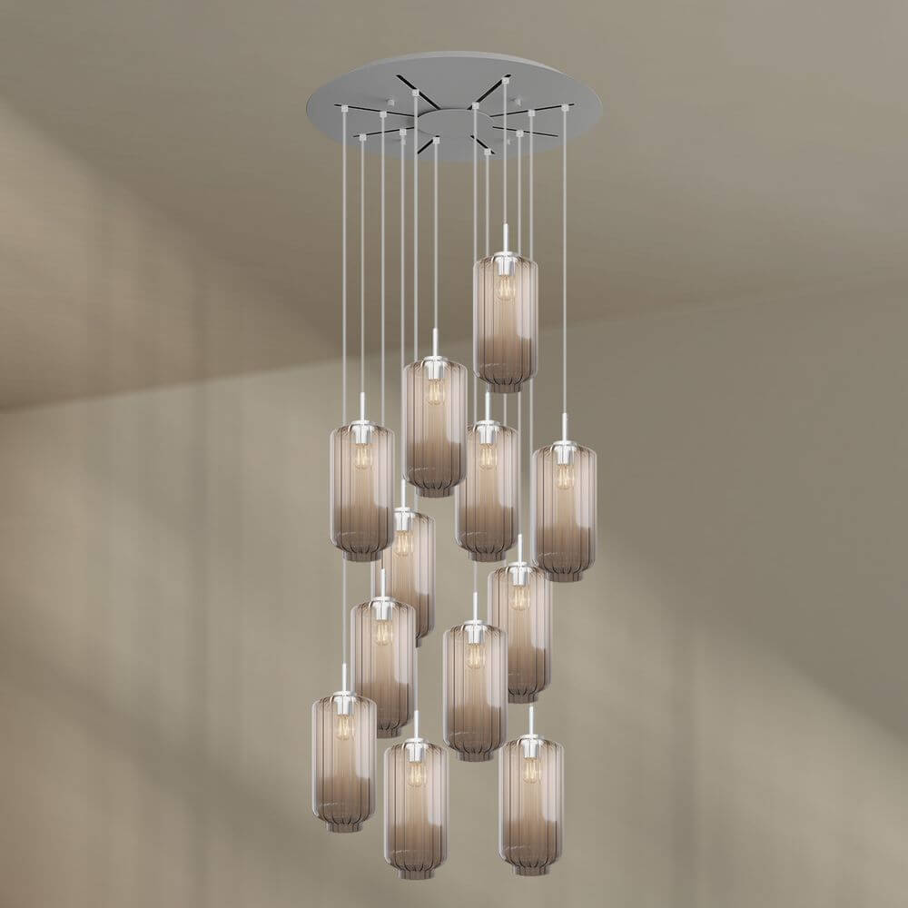 s.luce Velo 12-flammige Galerieleuchte mit eleganten, mundgeblasenen Glas-Pendelleuchten und Baldachin.