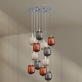 s.luce Velo 12-flammige Galerieleuchte mit bunten Glas-Pendelleuchten und stilvollem Baldachin, Ø 80 cm.