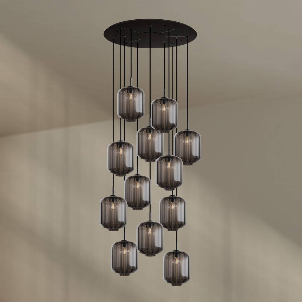 s.luce Velo 12-flammige Hängeleuchte in edlem Design mit glasierten Pendelleuchten und Modular Baldachin