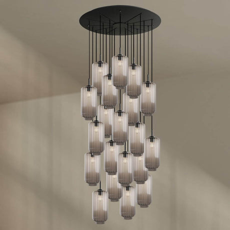 s.luce Velo Galerie-Pendelleuchte 20-flammig Ø 120cm Ø 18cm mit modernen Glas-Pendelleuchten an Baldachin.