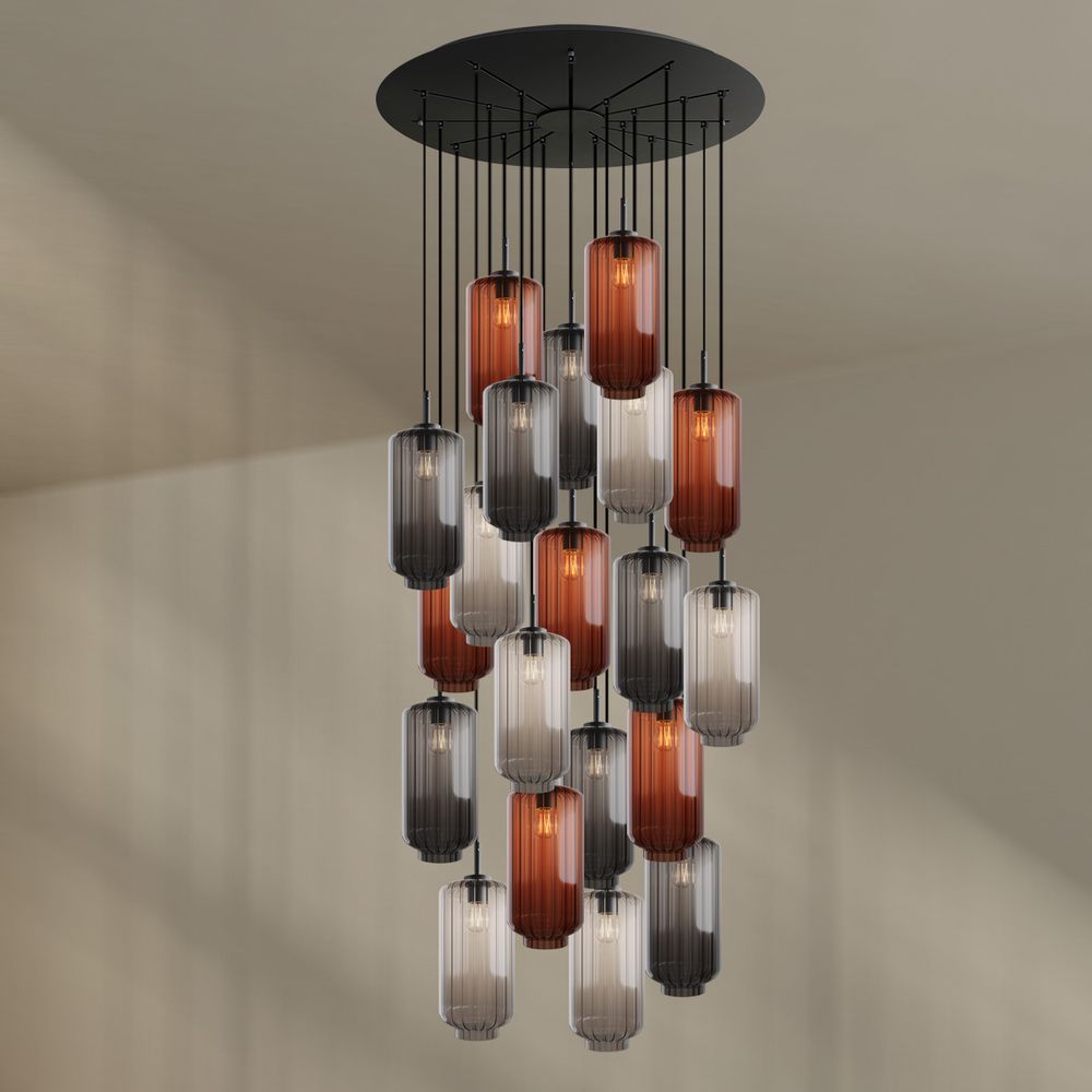 s.luce Velo Galerie-Pendelleuchte 20-flammig Ø 120cm Ø 18cm mit eleganten Glas-Pendelleuchten in verschiedenen Farben.