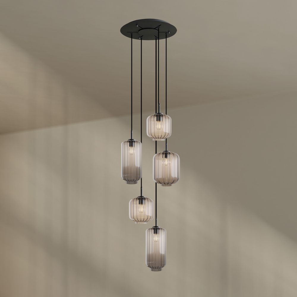 s.luce Velo Galerielampe 5-flammig Ø 60cm Baldachin Ø 18/20/25cm mit eleganten Glaspendeln