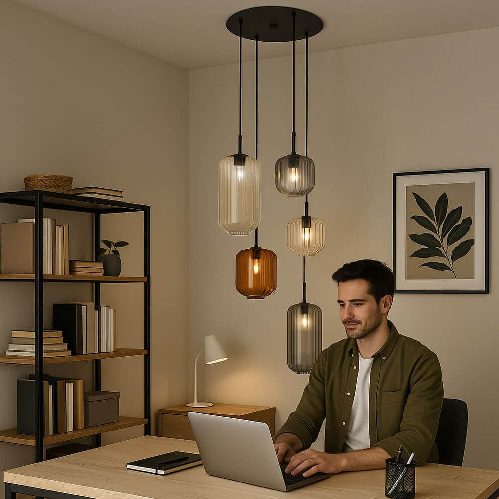 s.luce Velo 5-flammige Galerieleuchte in modernem Arbeitsbereich mit Glaspendeln und Holzregalen.