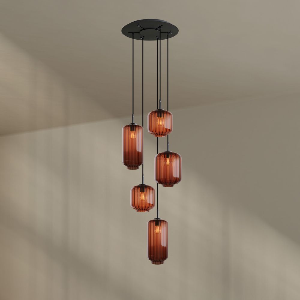 s.luce Velo Galerielampe 5-flammig Ø 60cm Baldachin Ø 18/20/25cm in modernem Design mit fünf Glaspendeln.