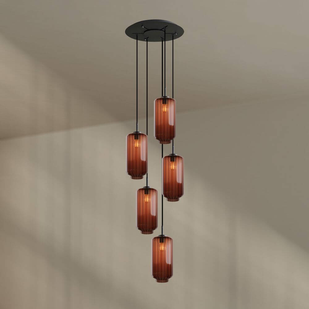 s.luce Velo Galerieleuchte 5-flammig Ø 60cm Baldachin Ø 18cm mit fünf stilvollen Glaspendeln in warmen Farben.