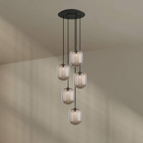 s.luce Velo Galerie-Hängelampe 5-flammig Ø 60cm Baldachin Ø 25cm mit fünf Glaspendeln