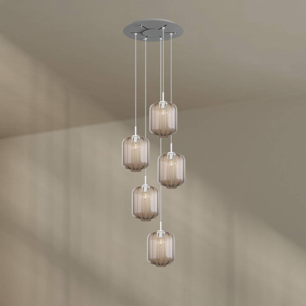 s.luce Velo 5-flammige Galerie-Hängelampe mit fünf Glaspendeln und hochwertigem Baldachin, Ø 60cm