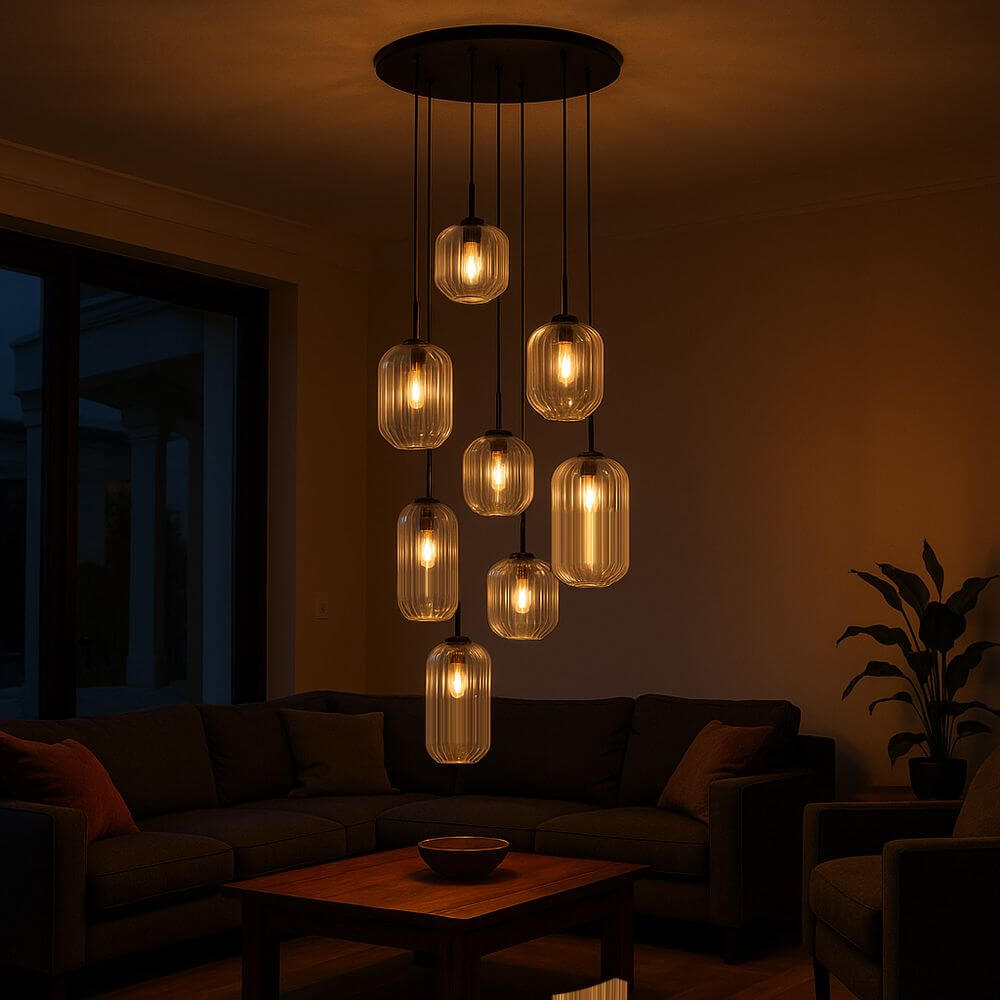 s.luce Velo 8-flammige Galerieleuchte mit mundgeblasenem Glas, für stilvolles Licht in hohen Räumen