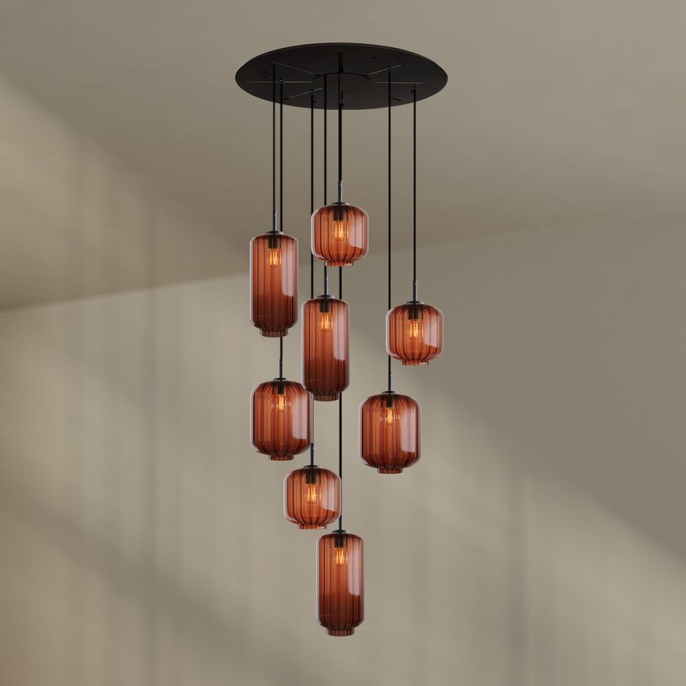s.luce Velo Galerieleuchte 8-flammig Ø 80cm Baldachin Ø 18/20/25cm mit stilvollen Pendelleuchten aus Glas.