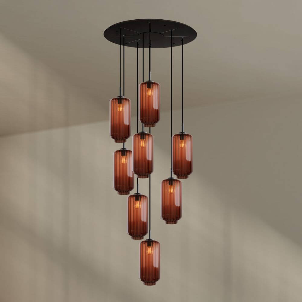 s.luce Velo 8-flammige Galerieleuchte mit mundgeblasenem Glas, elegant für hohe Räume, Ø 80cm Baldachin.