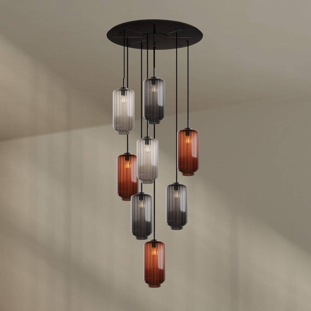 s.luce Velo 8-flammige Galerieleuchte mit mundgeblasenem Glasdesign, perfekt für hohe Räume.