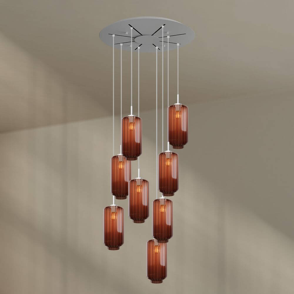 s.luce Velo 8-flammige Galerieleuchte mit mundgeblasenem Glas, elegantes Design für hohe Räume.