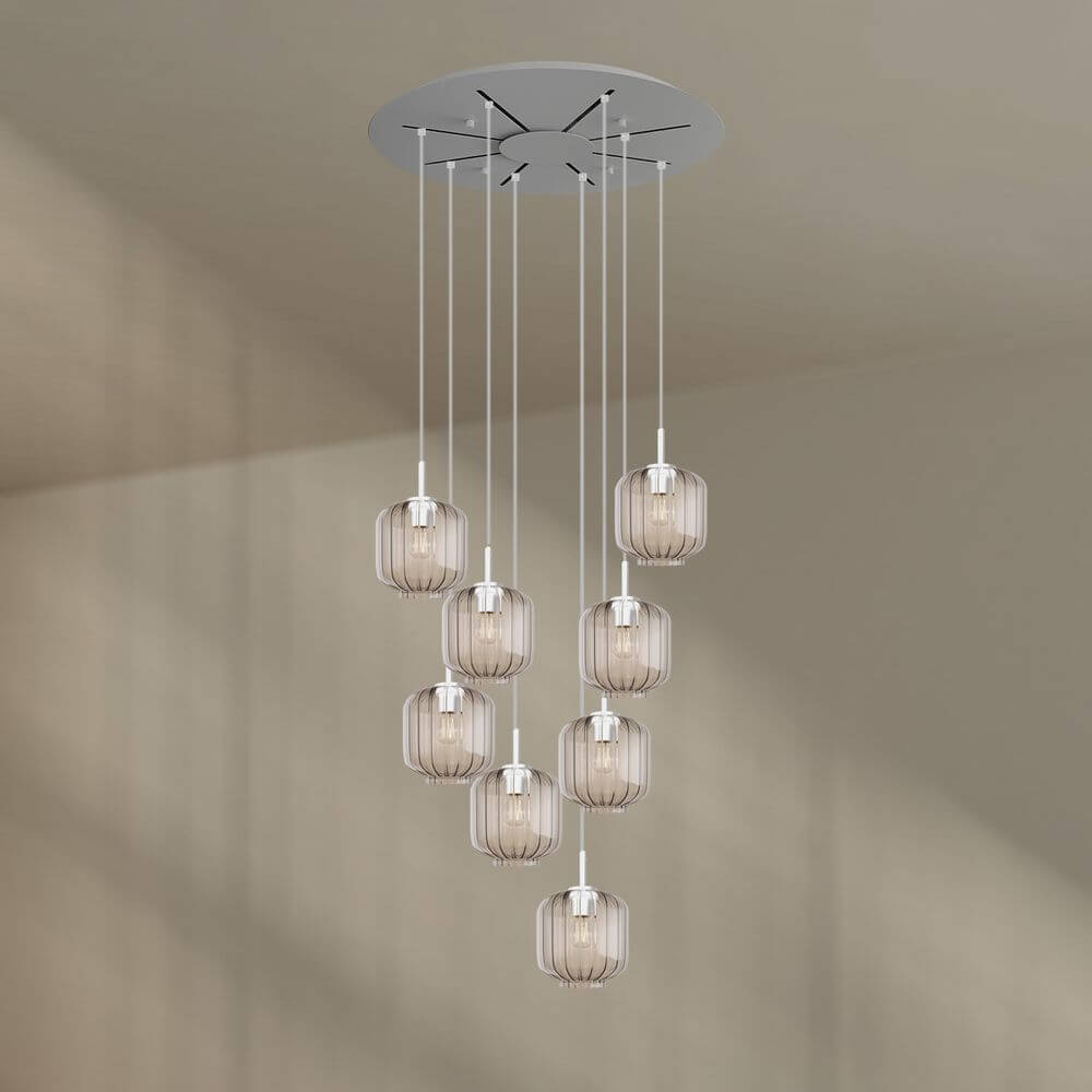 s.luce Velo Galerielampe mit 8 Pendelleuchten aus Glas, Baldachin Ø 20cm, ideal für hohe Räume sowie Galerien.
